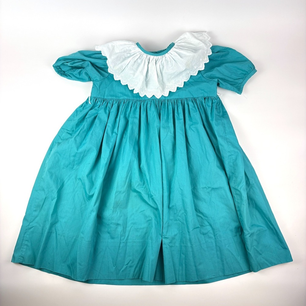 Handmade Girls Dress Sz 7/8? Teal White‎ Embroidered Collar Puff Sleeves Empire